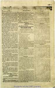The second page of the Telegraph and Texas Register from March 24, 1836. The article about the Alamo begins on the right-hand column under the heading "More Particulars Respecting the Fall of the Alamo."